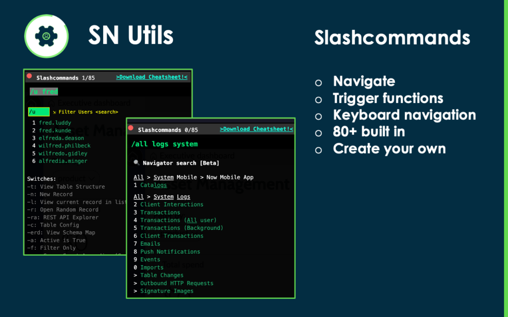 Schermata dell'estensione SN Utils per ServiceNow che mostra la funzionalità Slashcommands. L'interfaccia evidenzia i comandi rapidi per la navigazione, l'attivazione di funzioni e la gestione delle tabelle. L'immagine include un elenco di oltre 80 comandi predefiniti e la possibilità di crearne di personalizzati per migliorare la produttività in ServiceNow.